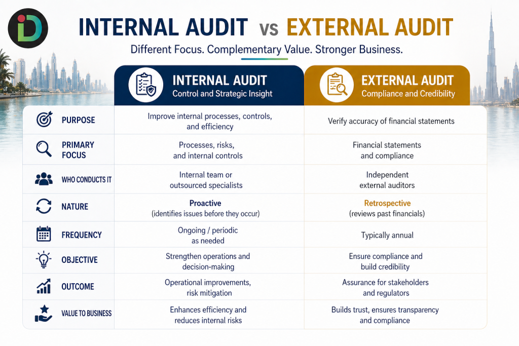 Table consiting the summary of comparison between internal audits and external audits